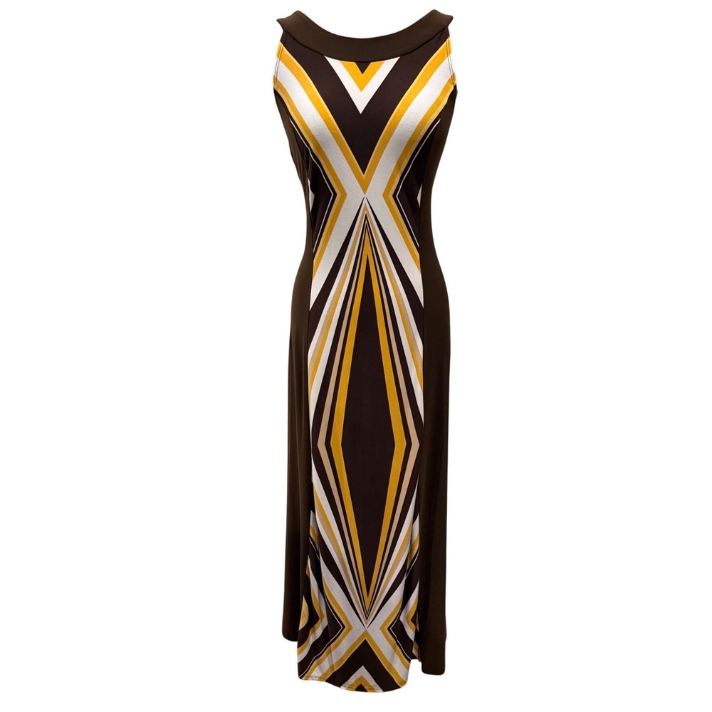 Antthony Original Brown Yellow Geometric Chevron Sleeveless Maxi‎ Dress Womens M